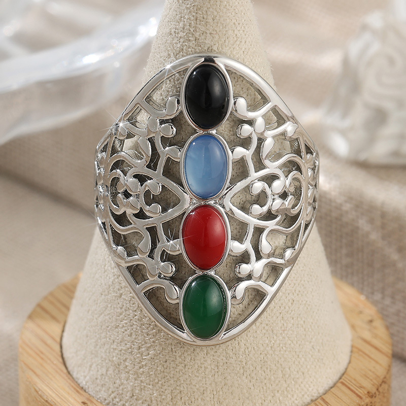 Bohemian Hollowed-Out Wide Ring with Multi-Colored Synthetic Zircons